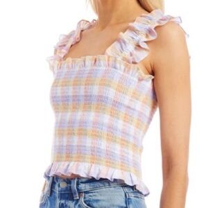 Amanda Uprichard Adelene Smocked Top Picnic Gingham Pastel Plaid Medium Small